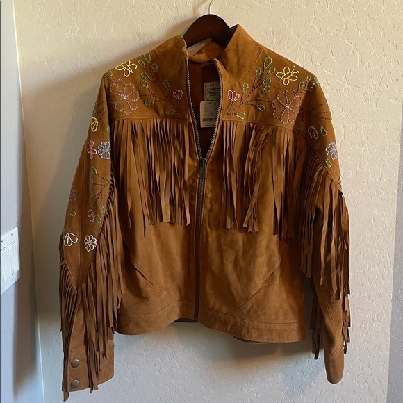 Free People Willa Western Bomber Tan Leather Jacket with Fringe Embroidery - Picture 5 of 11
